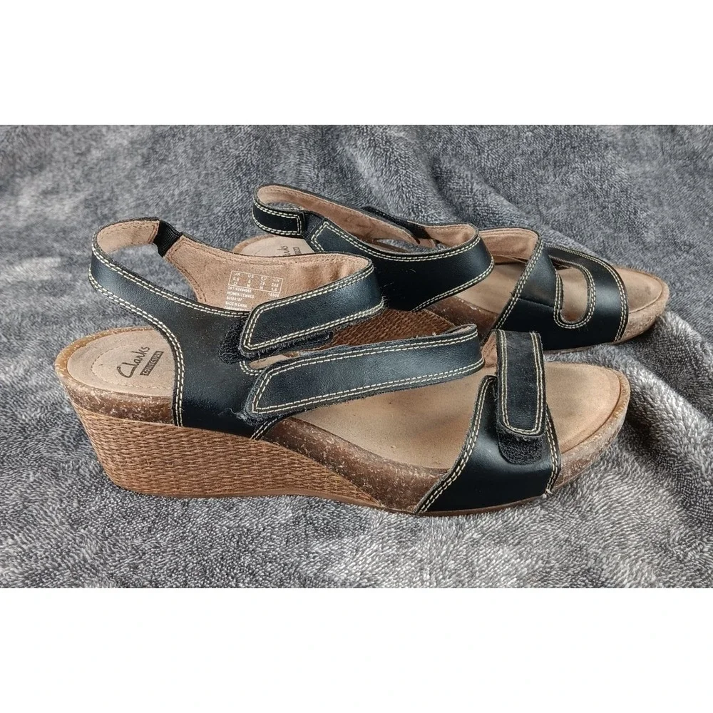 Clarks Collection Women Black‎ Leather Wedge Sandals Comfort Soft Cushion Size 8